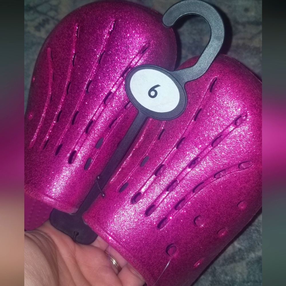 PINK fluttered rubber slip ons
